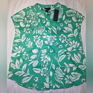 Rachel Roy Green & White Leaf Blouse Top Shirt- Size Med NWT